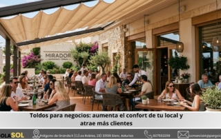 Toldos para negocios instalados en la terraza de un restaurante para mejorar el confort de los clientes.